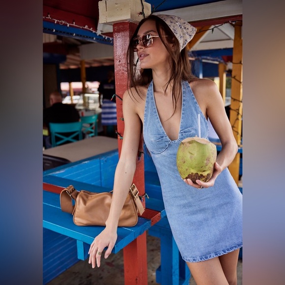Free People Trevi Denim Halter Mini Dress in Celestial Light Blue Jean - Picture 12 of 16